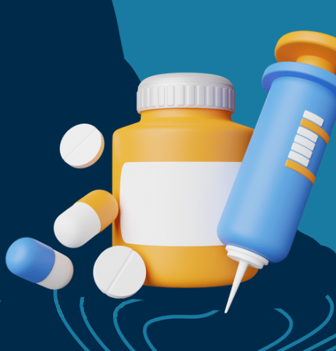 grafika przedstawia tabletki, fiolkę leków oraz strzykawkę